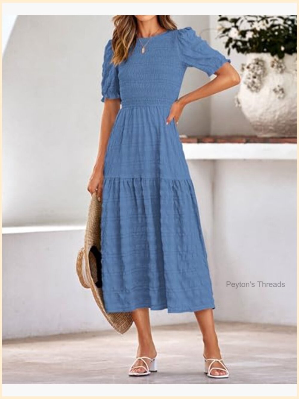 Smocked Puff Sleeve Tiered Maxi Dress Crewneck Ruffle Boho Sundress - Picture 6 of 7